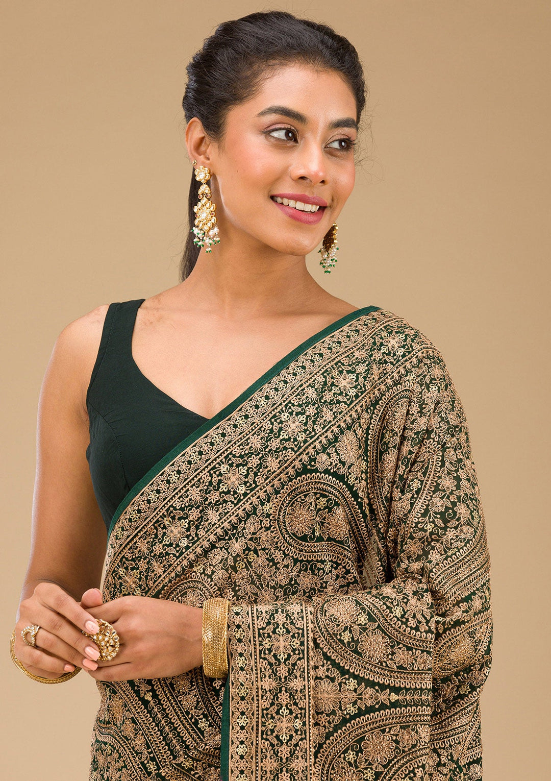 Bottle Green Zariwork Georgette Saree-Koskii