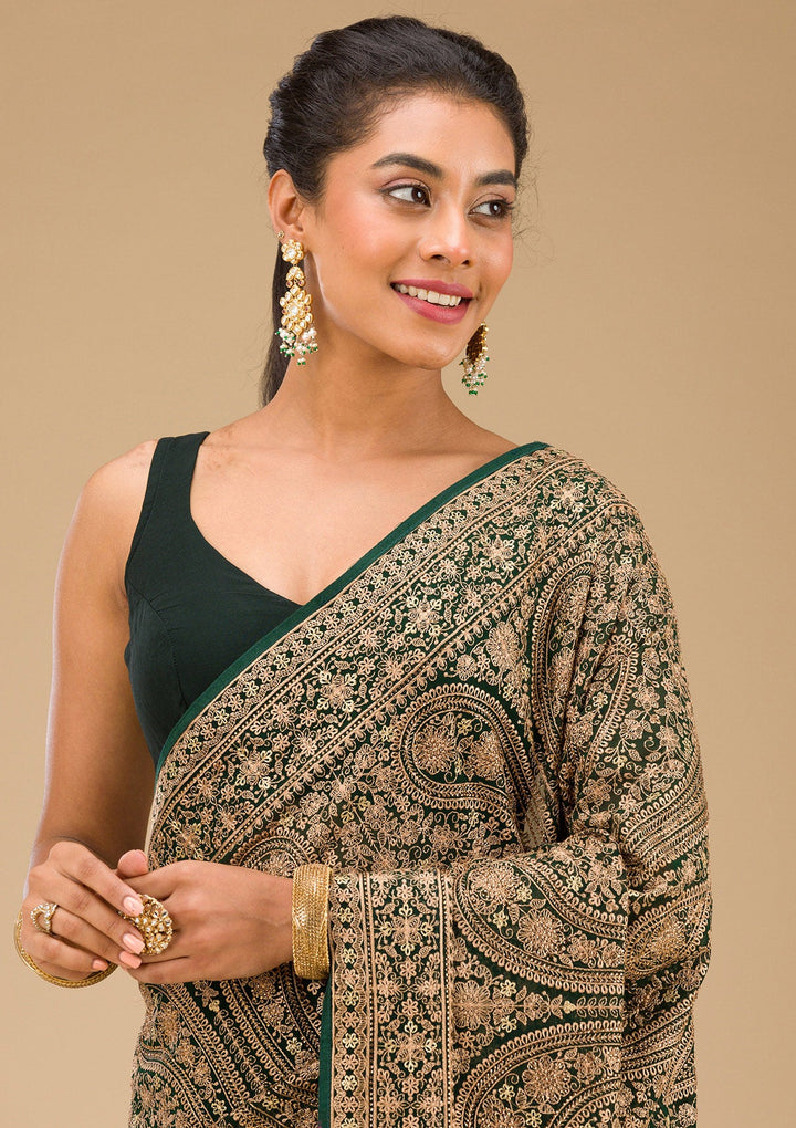 Bottle Green Zariwork Georgette Saree-Koskii