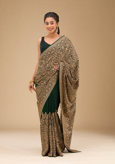 Bottle Green Zariwork Georgette Saree-Koskii