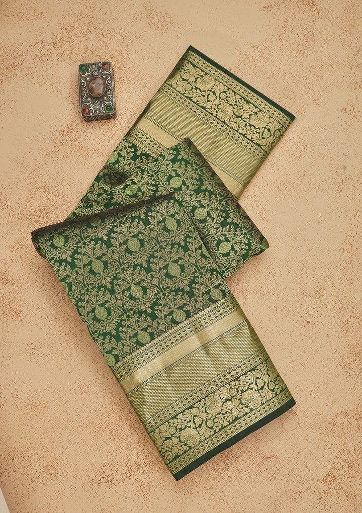 Bottle Green Zariwork Pure Silk Saree-Koskii