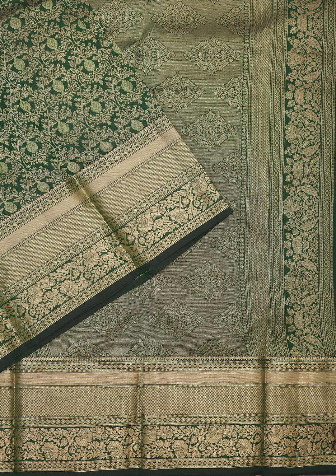 Bottle Green Zariwork Pure Silk Saree-Koskii