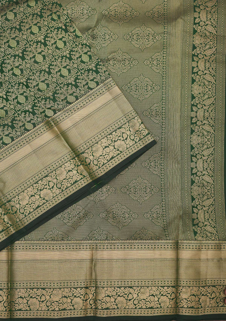 Bottle Green Zariwork Pure Silk Saree-Koskii
