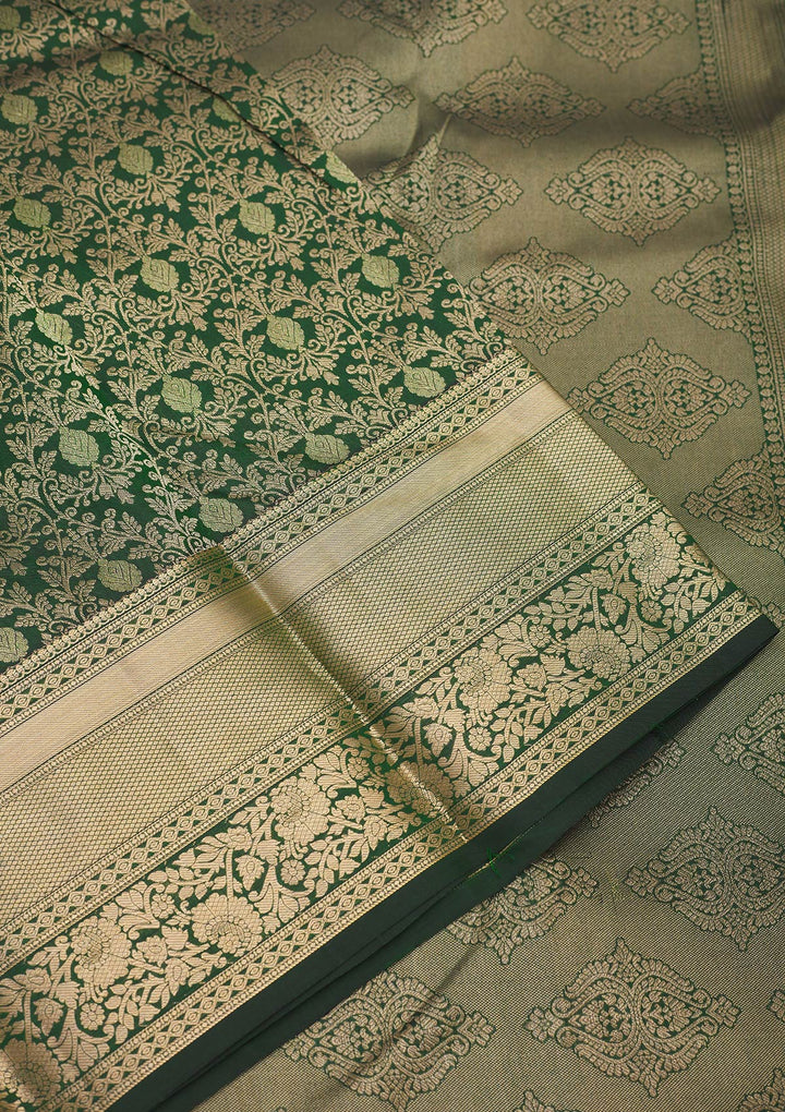 Bottle Green Zariwork Pure Silk Saree-Koskii