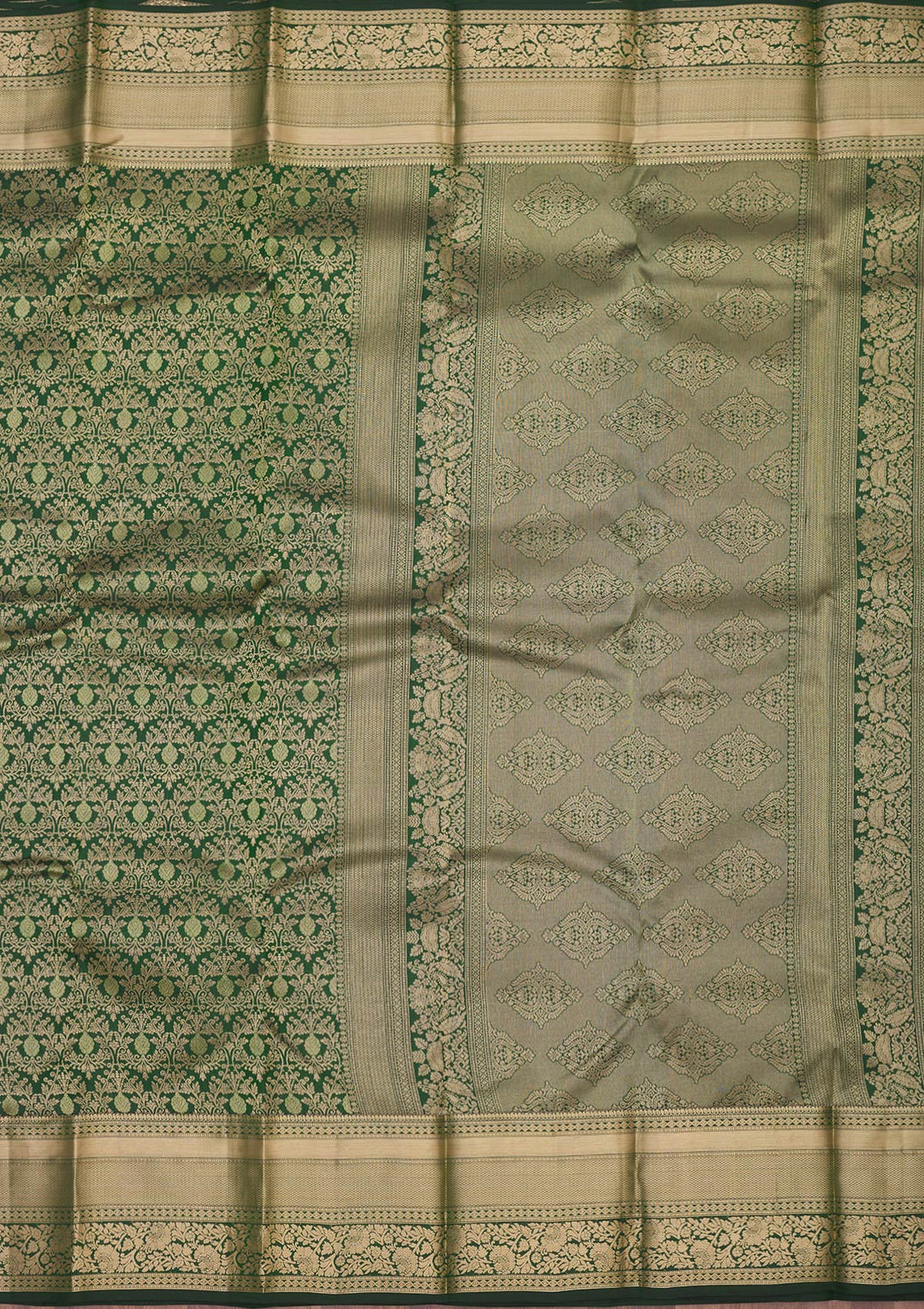 Bottle Green Zariwork Pure Silk Saree-Koskii