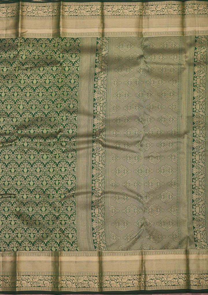 Bottle Green Zariwork Pure Silk Saree-Koskii