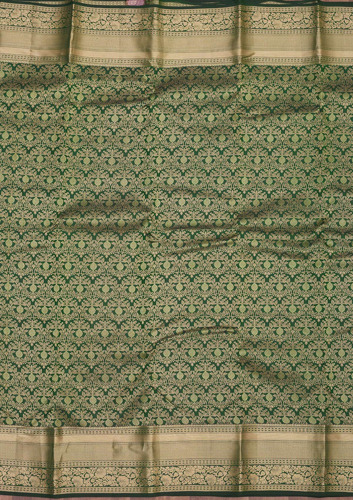 Bottle Green Zariwork Pure Silk Saree-Koskii