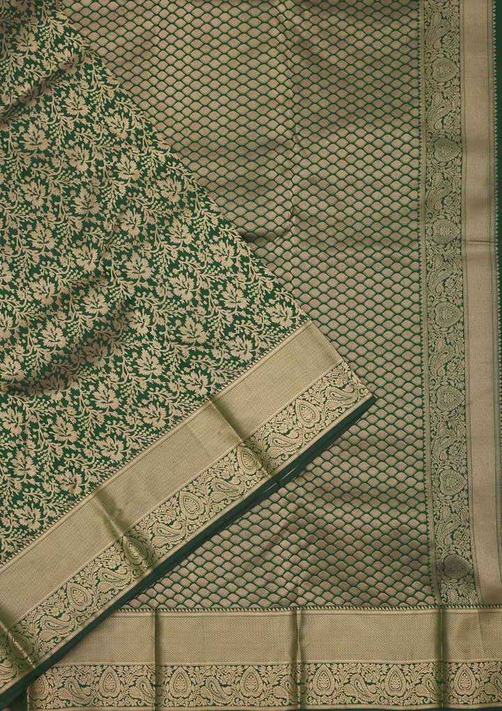 Bottle Green Zariwork Pure Silk Saree-Koskii