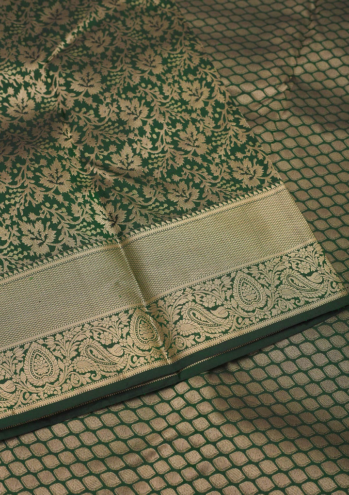 Bottle Green Zariwork Pure Silk Saree-Koskii