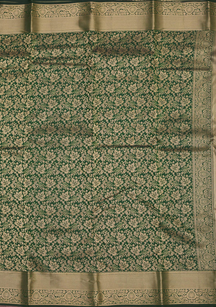 Bottle Green Zariwork Pure Silk Saree-Koskii