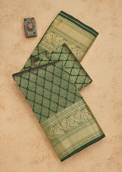 Bottle Green Zariwork Pure Silk Saree-Koskii
