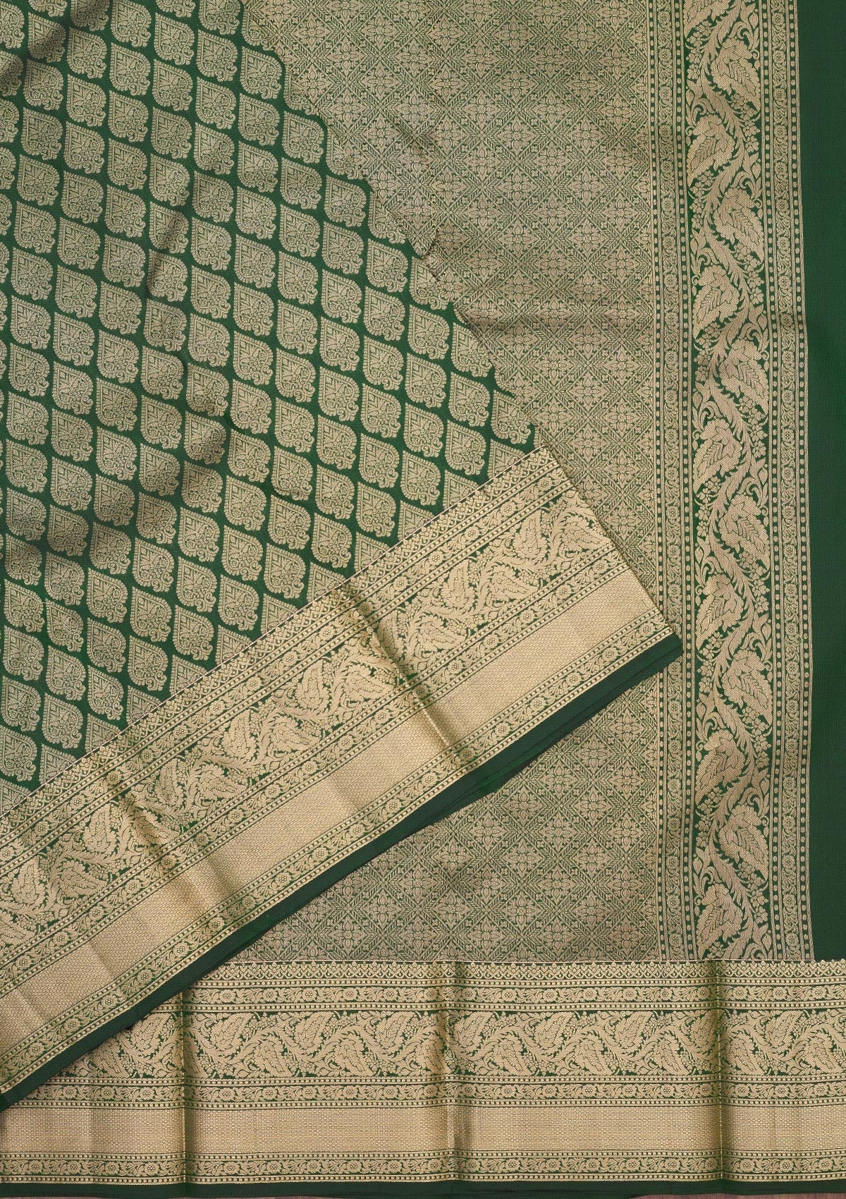 Bottle Green Zariwork Pure Silk Saree-Koskii
