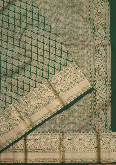 Bottle Green Zariwork Pure Silk Saree-Koskii