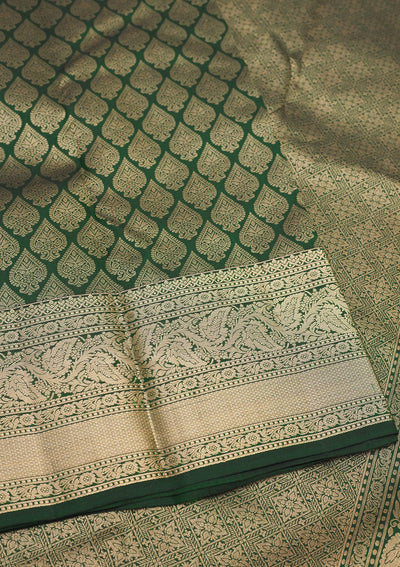 Bottle Green Zariwork Pure Silk Saree-Koskii