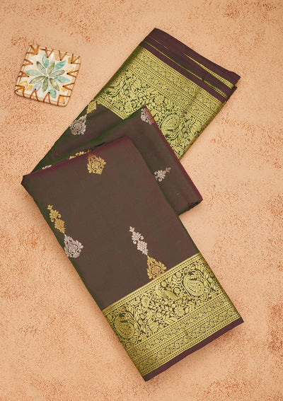 Bottle Green Zariwork Pure Silk Saree-Koskii