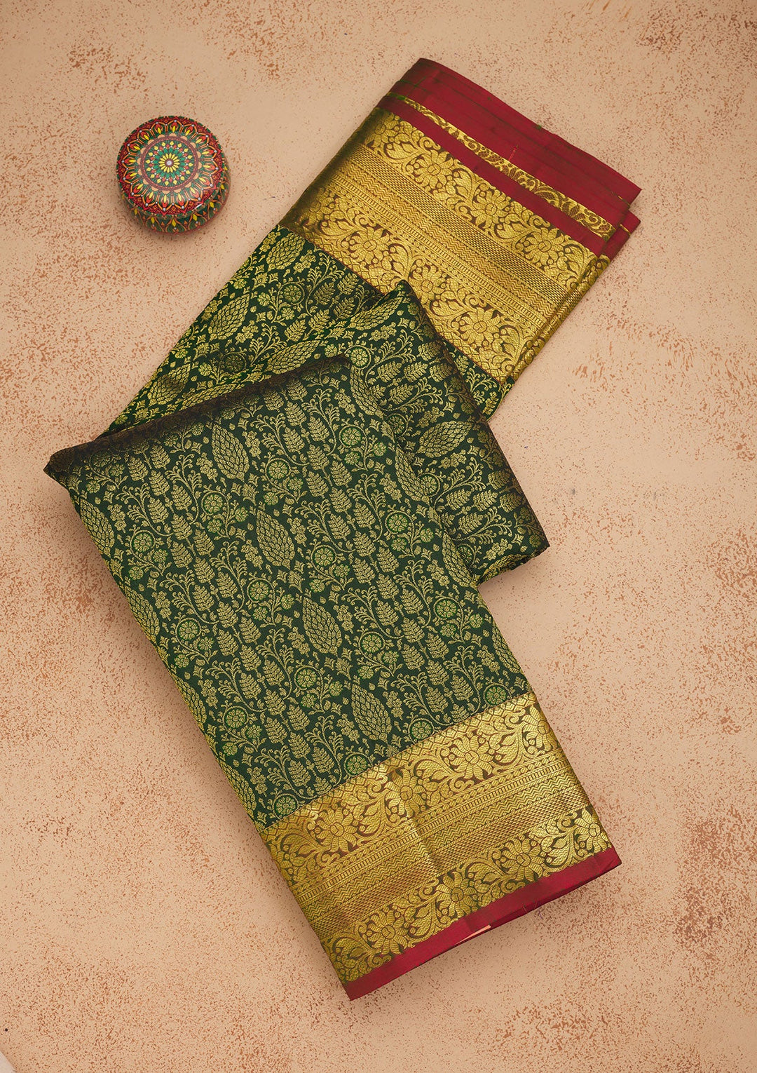 Bottle Green Zariwork Pure Silk Saree-Koskii
