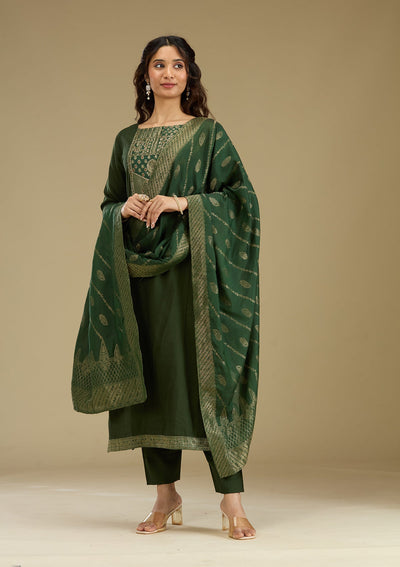 Bottle Green Zariwork Semi Crepe Readymade Salwar Suit-Koskii