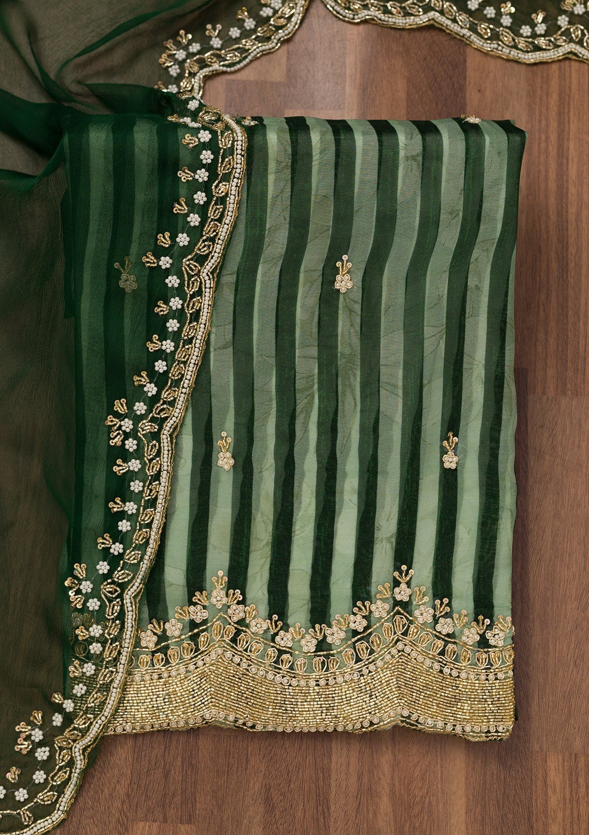 Bottle Green Cutdana Semi Crepe Unstitched Salwar Suit-Koskii