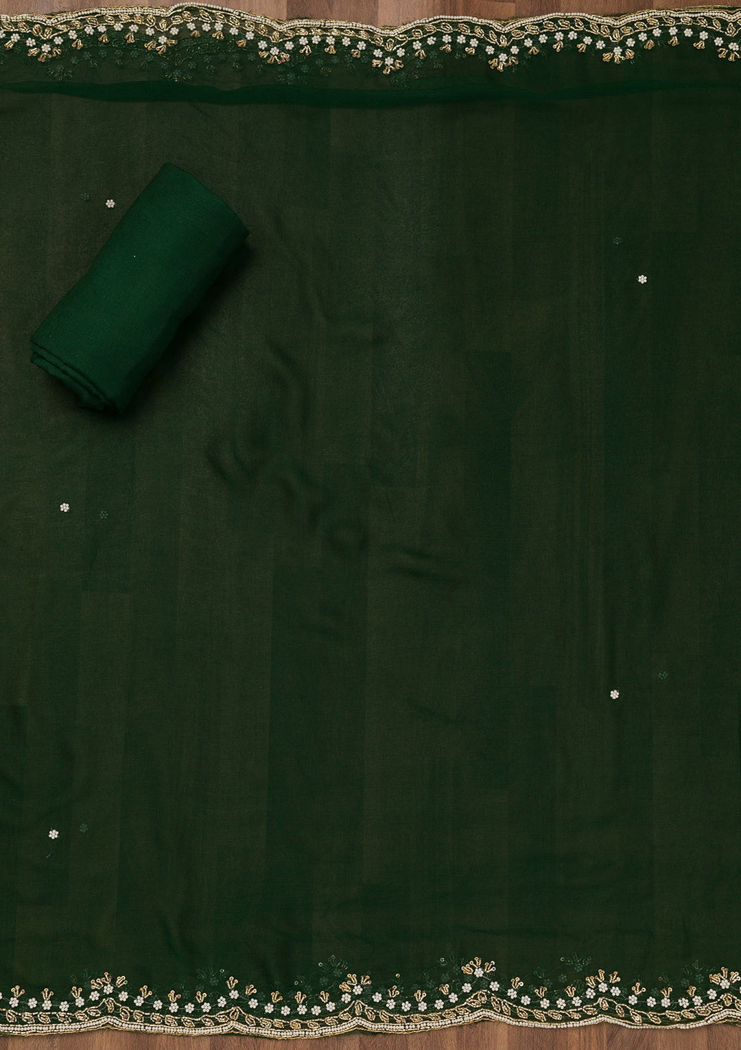 Bottle Green Cutdana Semi Crepe Unstitched Salwar Suit-Koskii