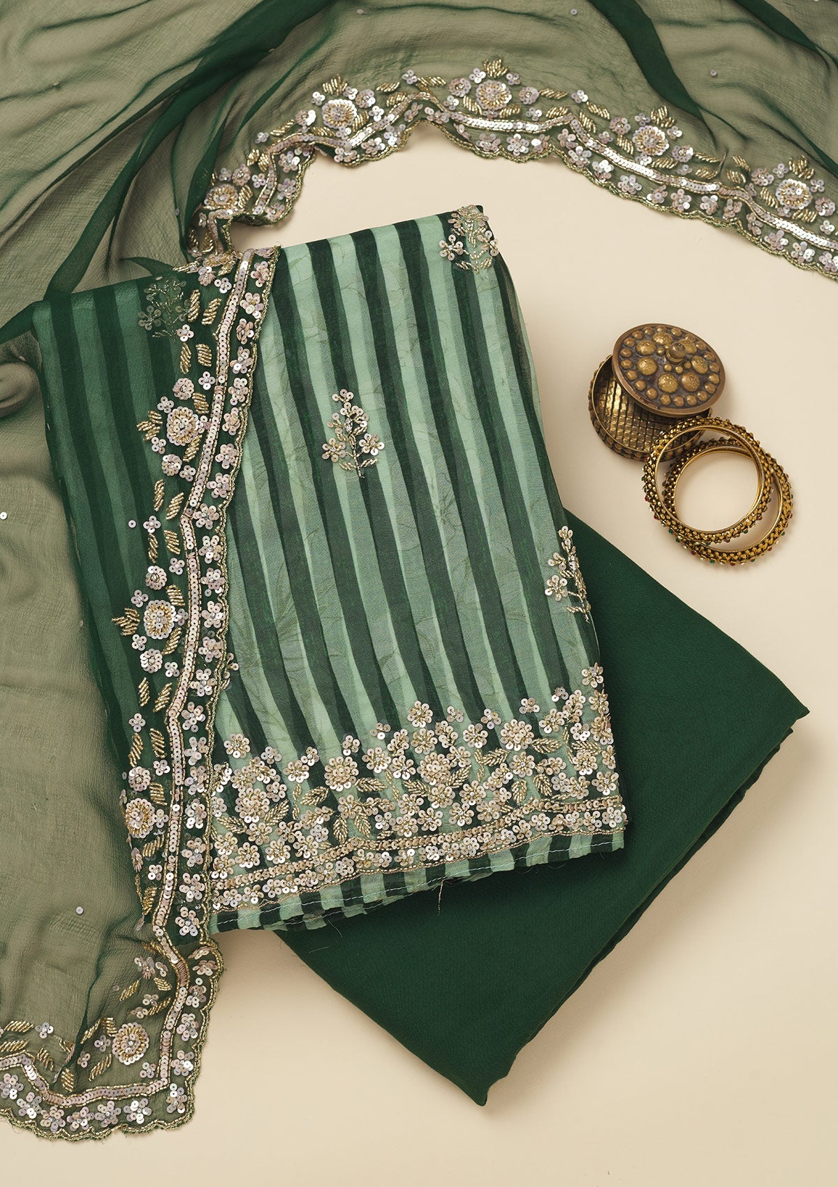 Bottle Green Cutdana Semi Crepe Unstitched Salwar Suit-Koskii