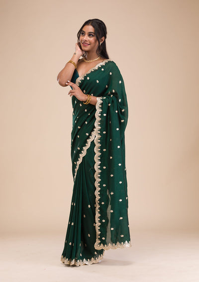 Bottle Green Gotapatti Raw Silk Saree-Koskii