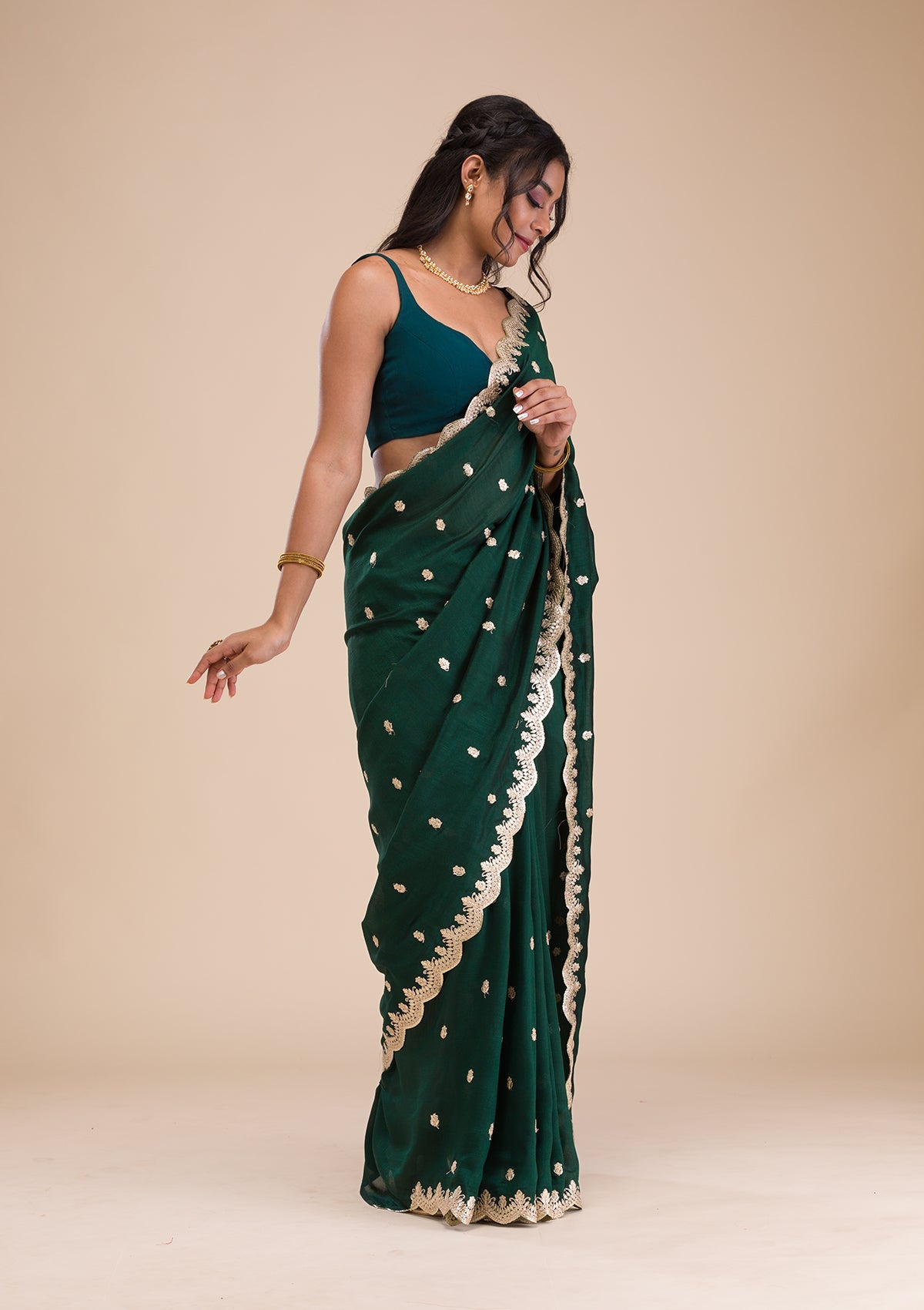 Bottle Green Gotapatti Raw Silk Saree-Koskii