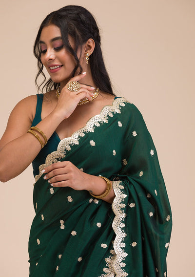 Bottle Green Gotapatti Raw Silk Saree-Koskii