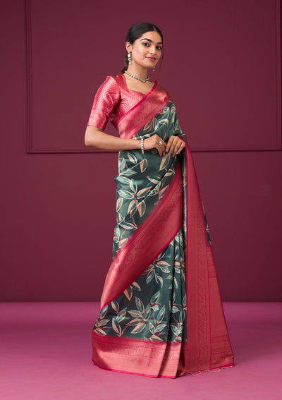 Bottle Green Printed Art Silk Saree