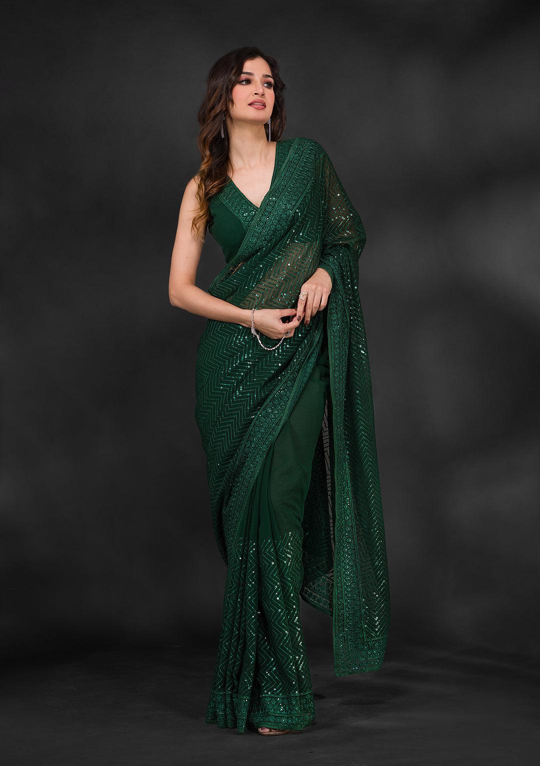 Bottle Green Sequins Georgette Saree-Koskii