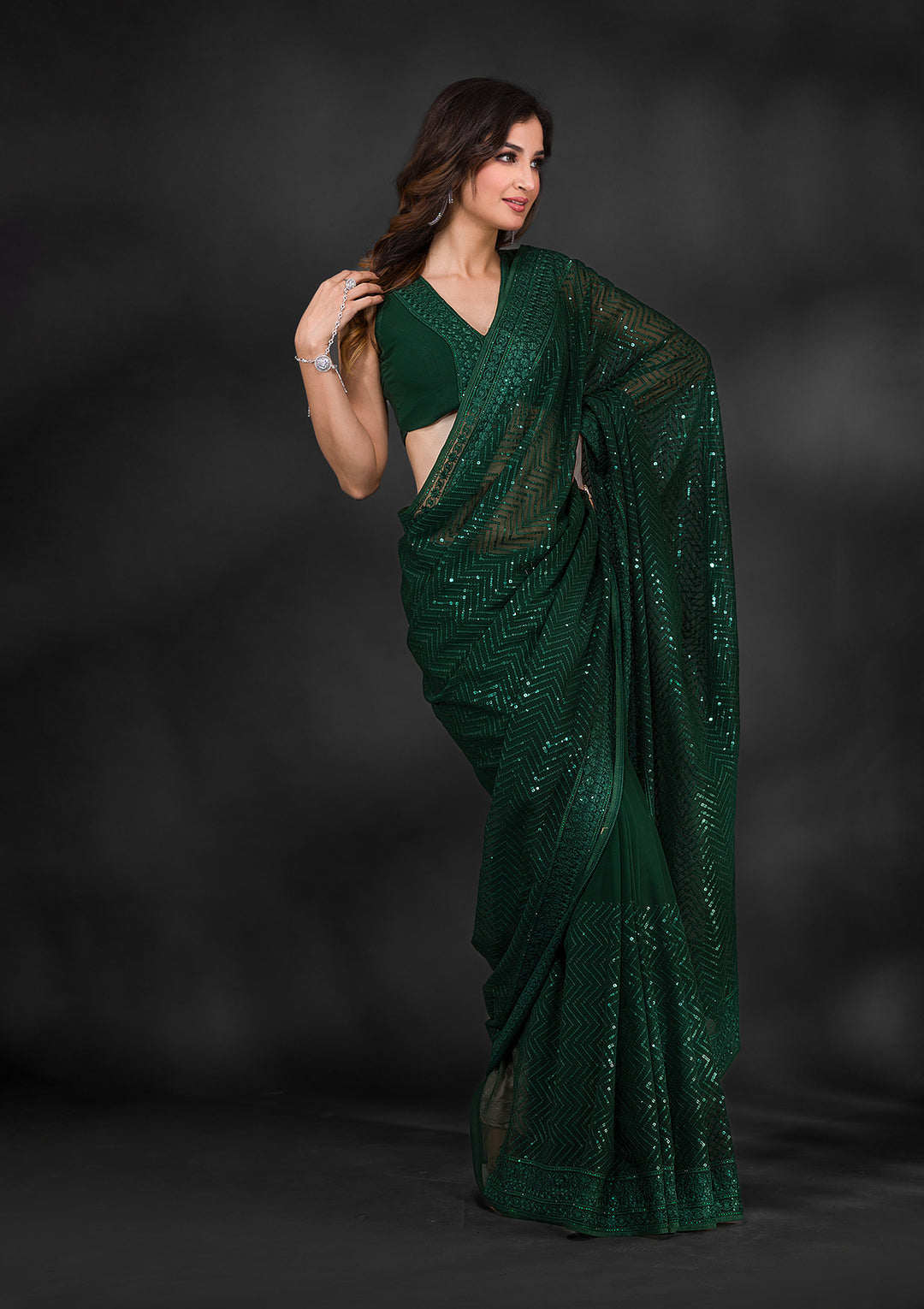 Bottle Green Sequins Georgette Saree-Koskii