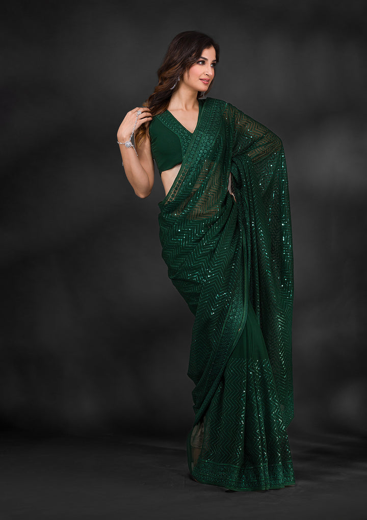 Bottle Green Sequins Georgette Saree-Koskii