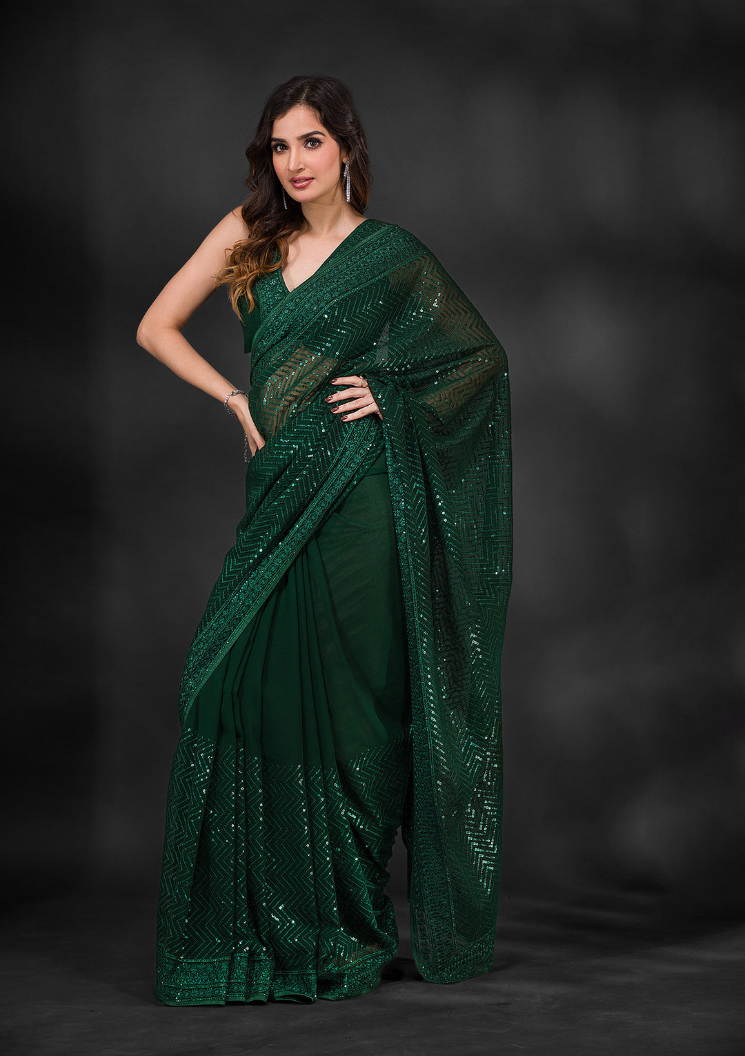 Bottle Green Sequins Georgette Saree-Koskii