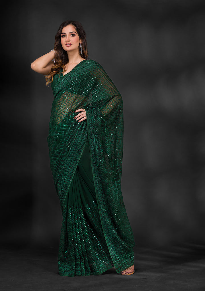 Bottle Green Sequins Georgette Saree-Koskii