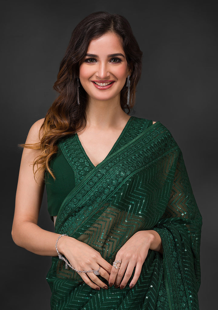 Bottle Green Sequins Georgette Saree-Koskii