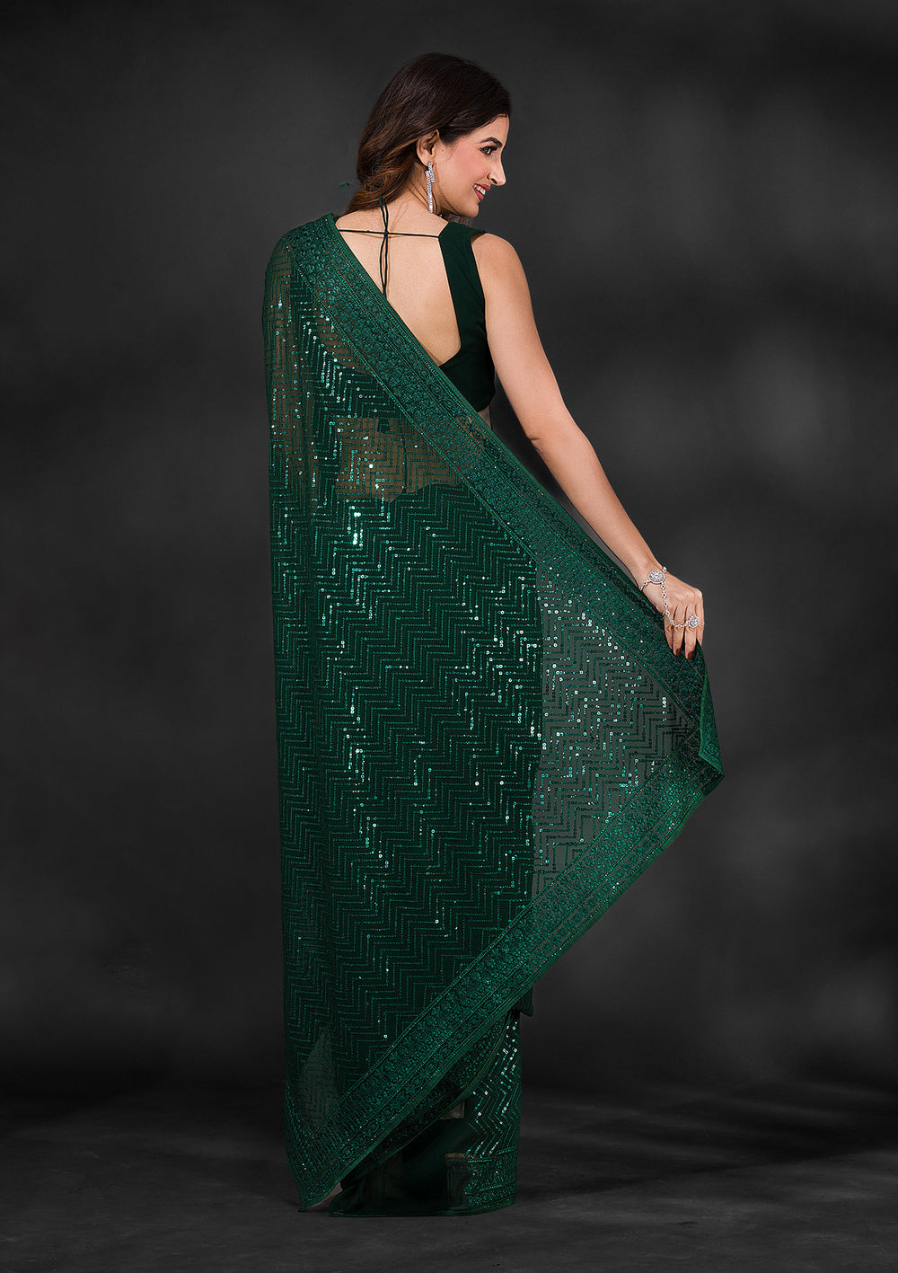 Bottle Green Sequins Georgette Saree-Koskii