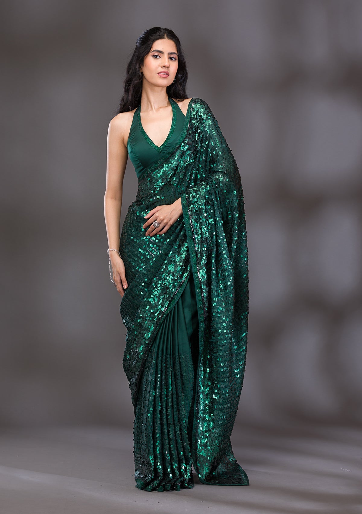 Bottle Green Sequins Georgette Saree-Koskii