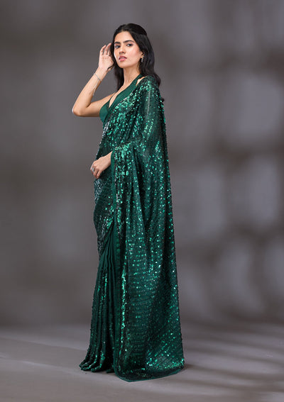 Bottle Green Sequins Georgette Saree-Koskii