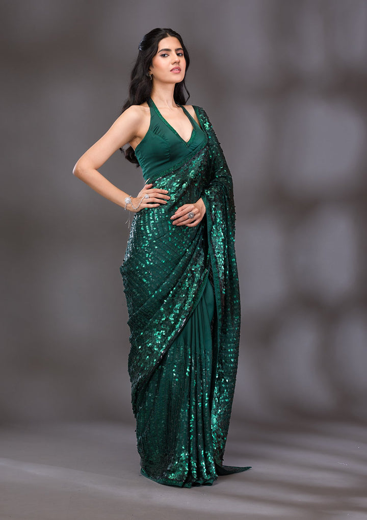 Bottle Green Sequins Georgette Saree-Koskii