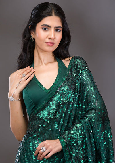 Bottle Green Sequins Georgette Saree-Koskii