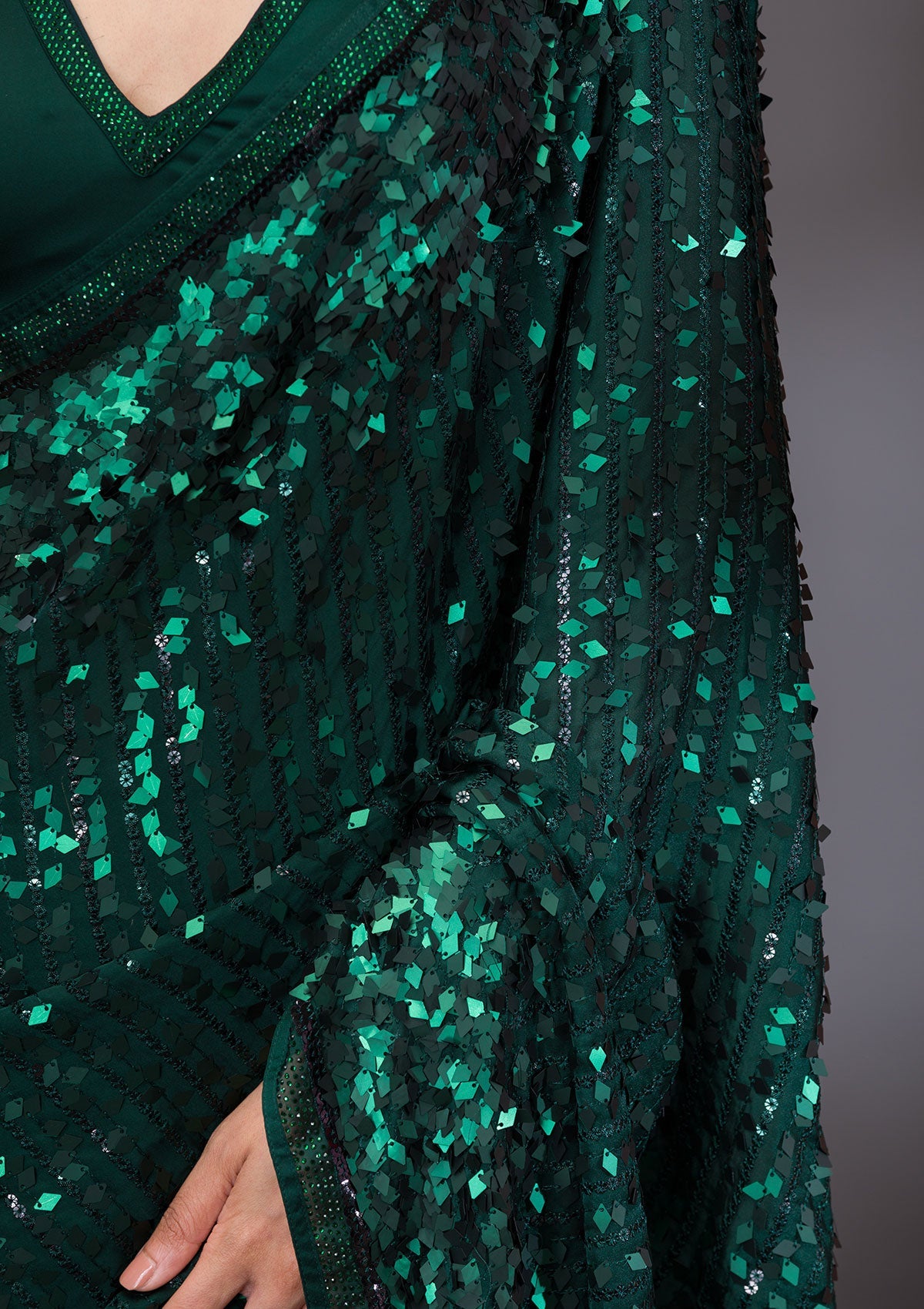 Bottle Green Sequins Georgette Saree-Koskii