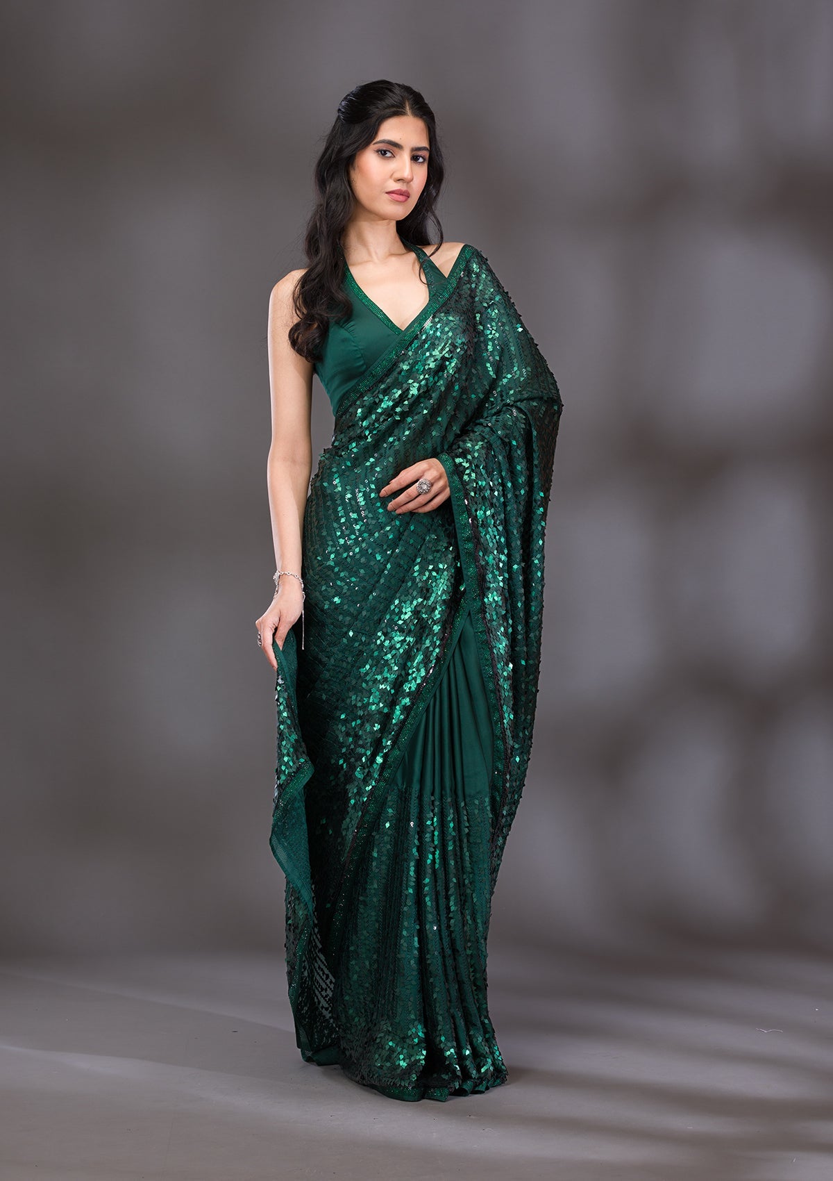 Bottle Green Sequins Georgette Saree-Koskii