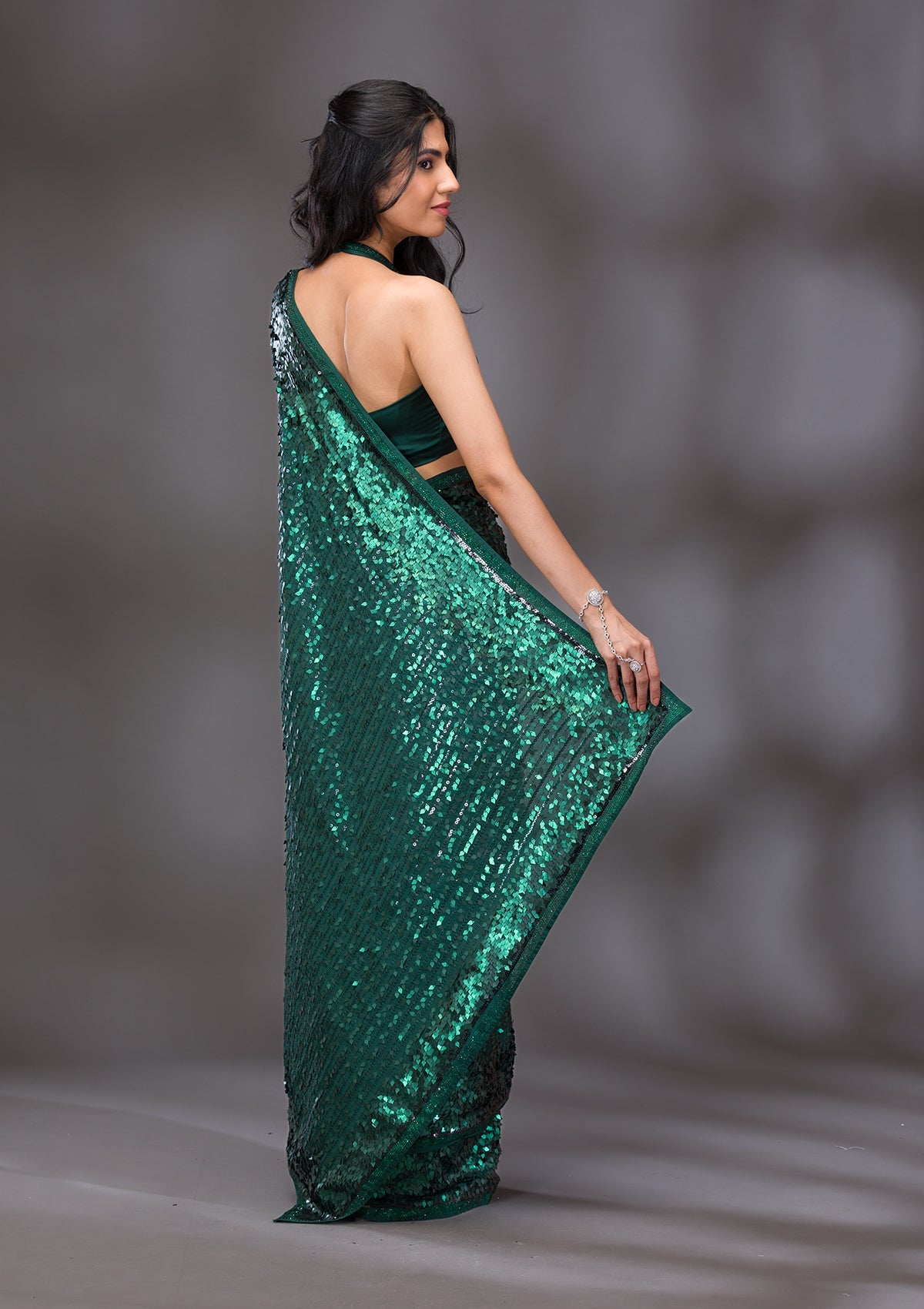 Bottle Green Sequins Georgette Saree-Koskii