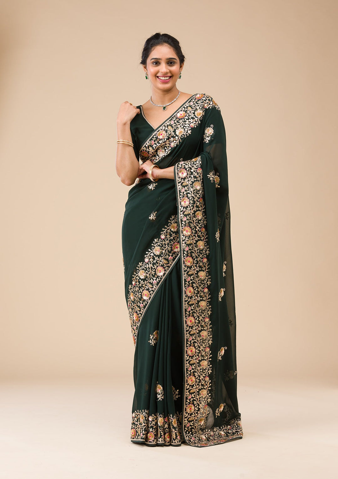 Bottle Green Sequins Georgette Saree-Koskii
