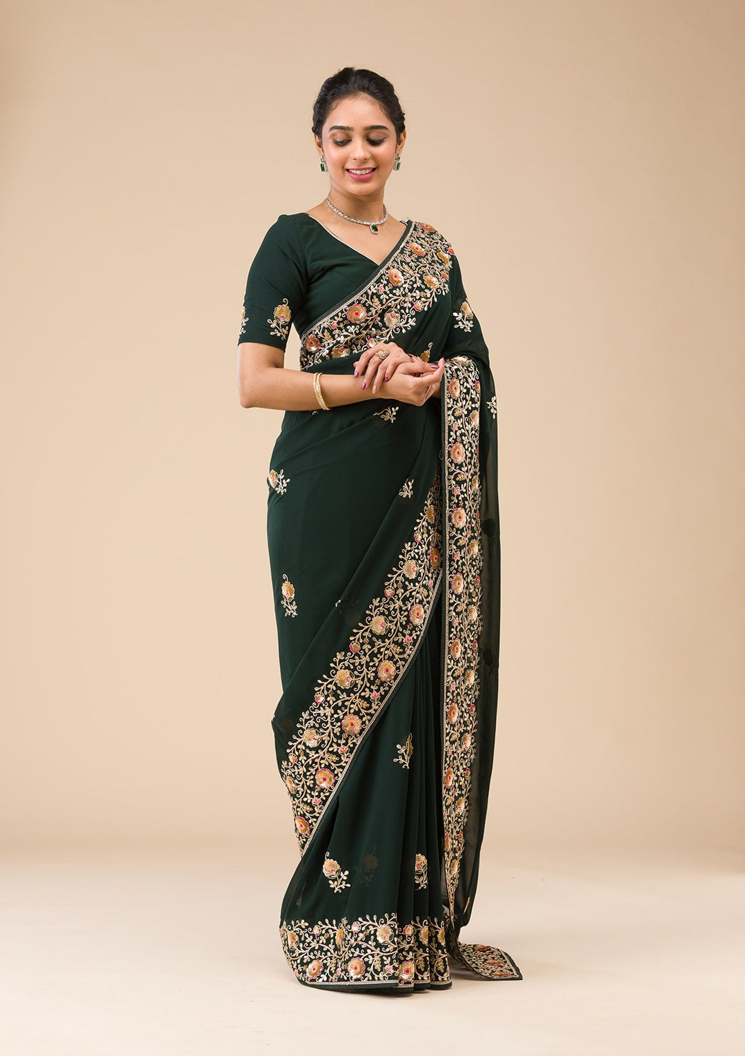 Bottle Green Sequins Georgette Saree-Koskii