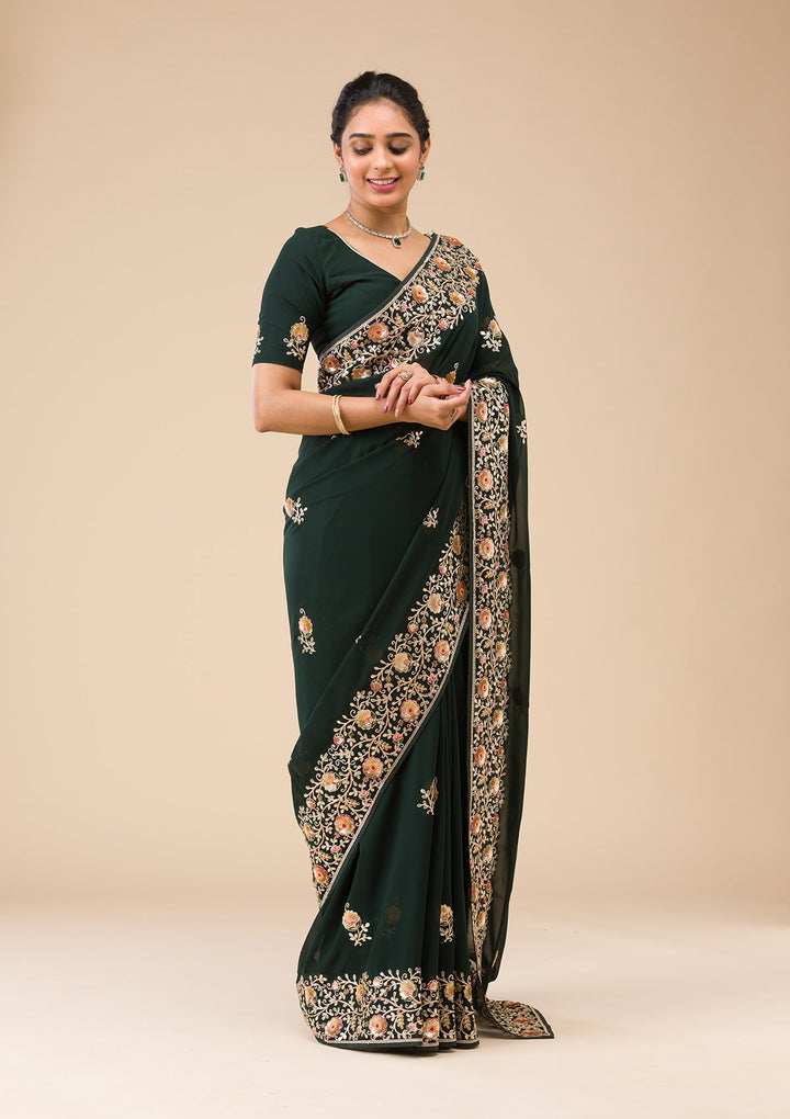 Bottle Green Sequins Georgette Saree-Koskii