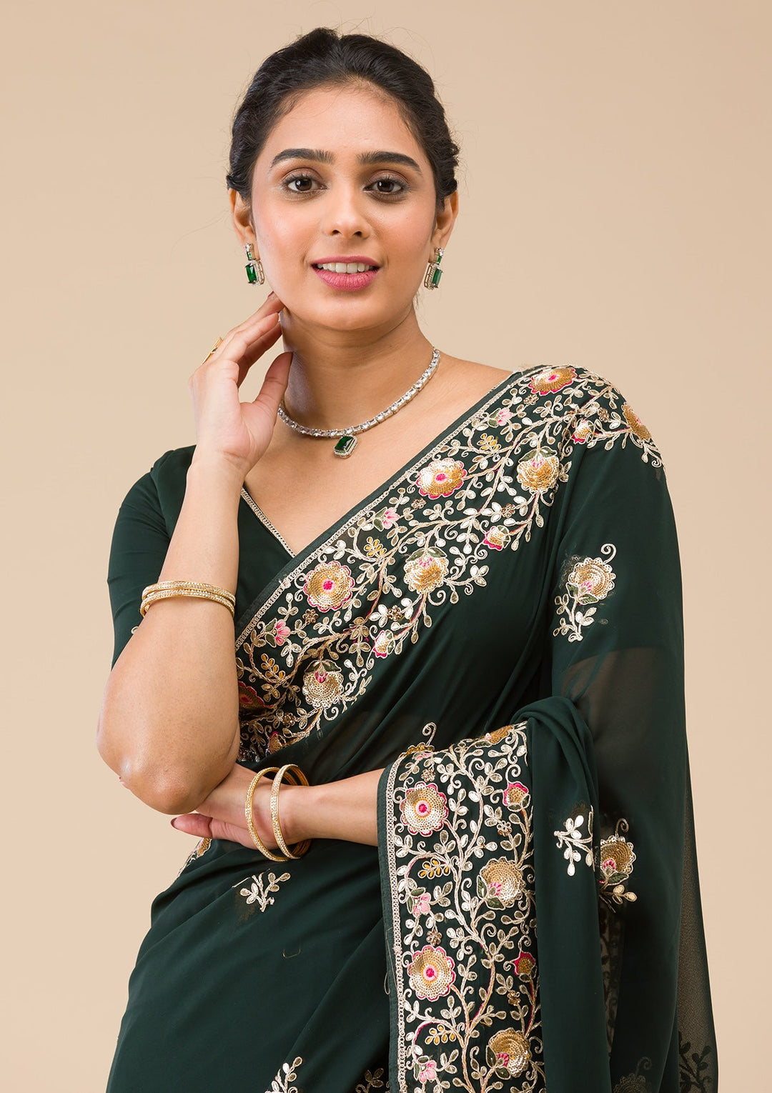 Bottle Green Sequins Georgette Saree-Koskii