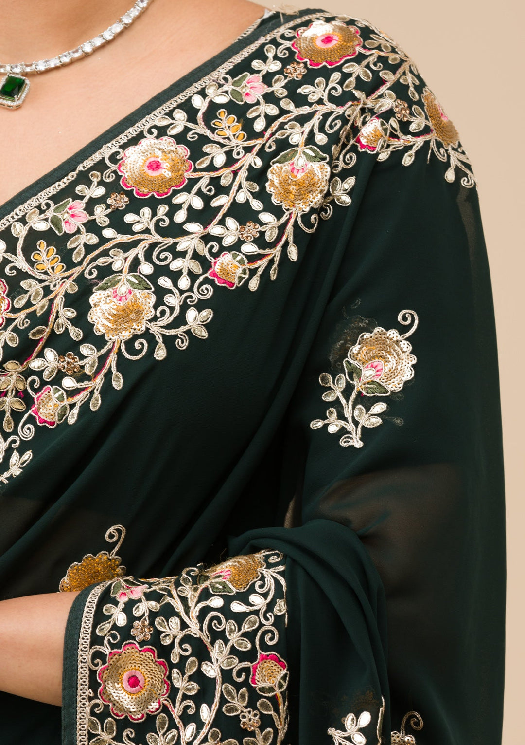 Bottle Green Sequins Georgette Saree-Koskii