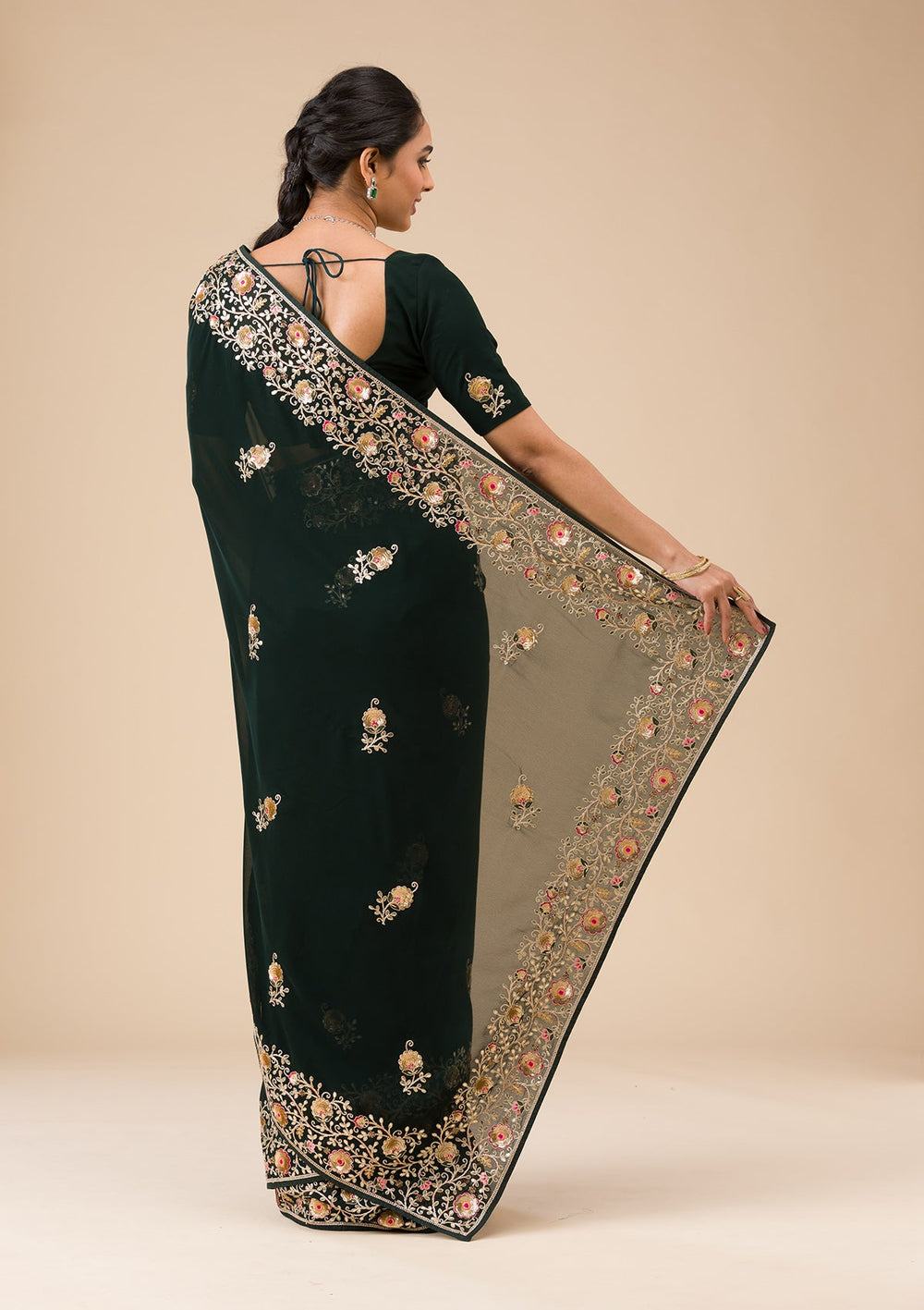 Bottle Green Sequins Georgette Saree-Koskii