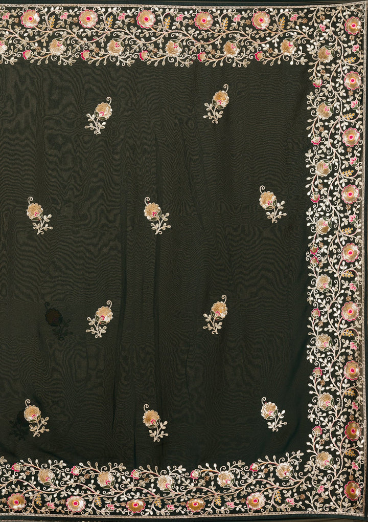 Bottle Green Sequins Georgette Saree-Koskii