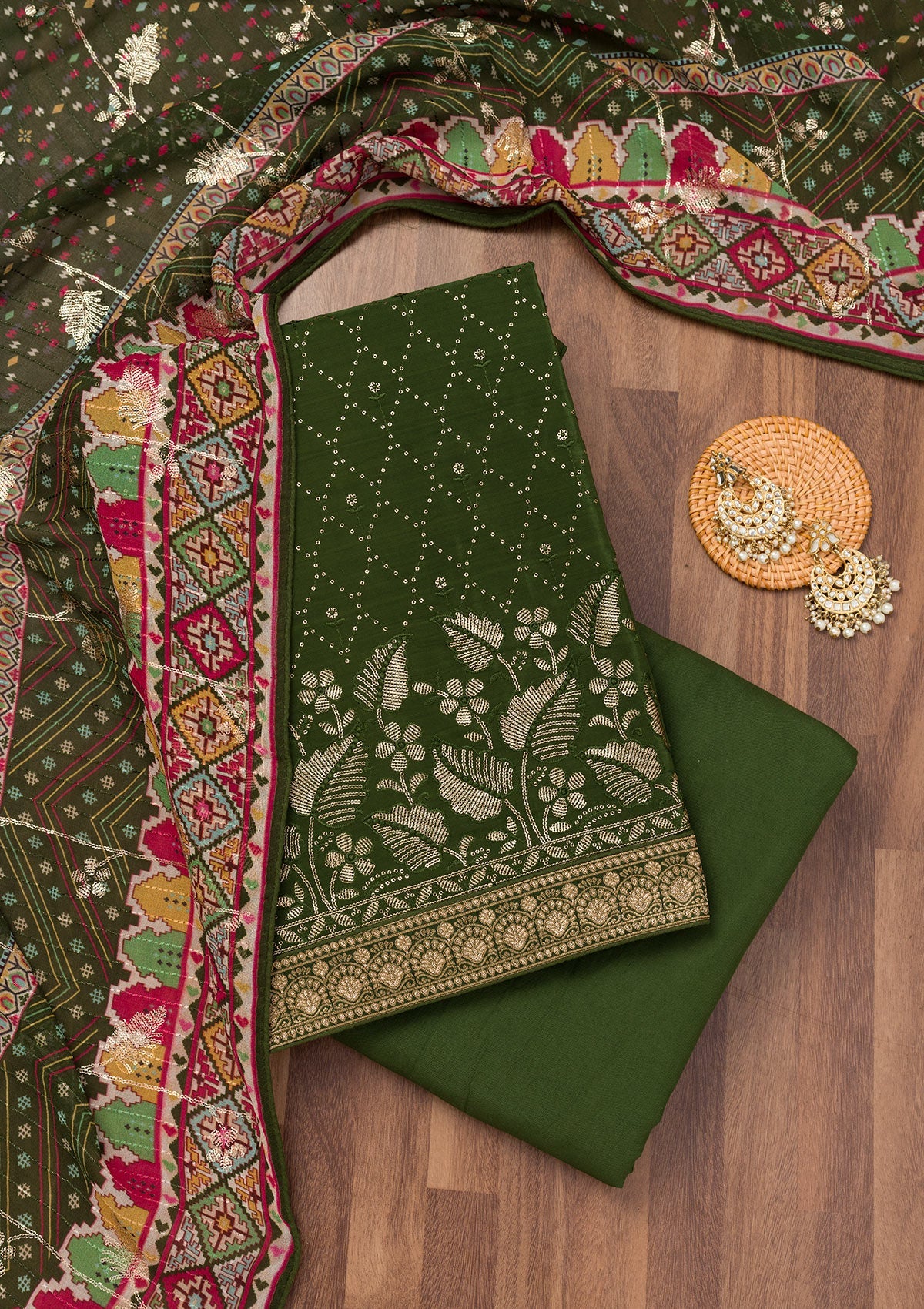 Bottle Green Sequins Semi Crepe Unstitched Salwar Suit-Koskii