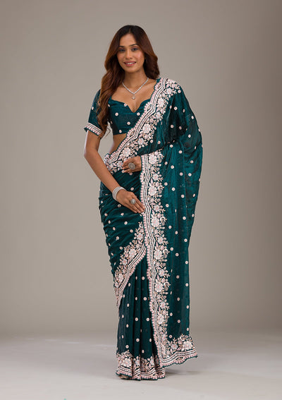 Bottle Green Sequins Semi Crepe Saree-Koskii